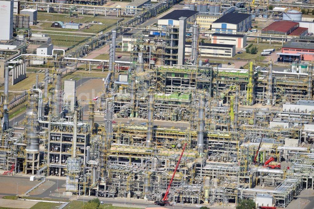 Aerial image Leuna - View at the TOTAL refinery in central Germany in Leuna in the federal state of Saxony-Anhalt. The TOTAL refinery chemical site Leuna is one of the most modern refineries in Europe