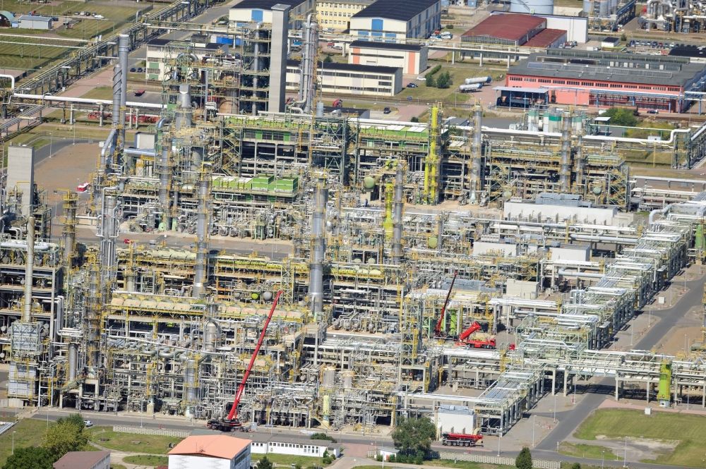 Aerial photograph Leuna - View at the TOTAL refinery in central Germany in Leuna in the federal state of Saxony-Anhalt. The TOTAL refinery chemical site Leuna is one of the most modern refineries in Europe