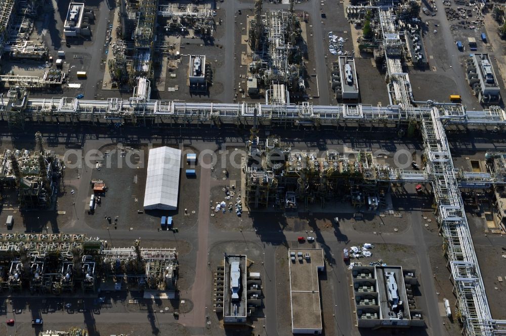 Leuna from the bird's eye view: View at the TOTAL refinery in central Germany in Leuna in the federal state of Saxony-Anhalt. The TOTAL refinery chemical site Leuna is one of the most modern refineries in Europe