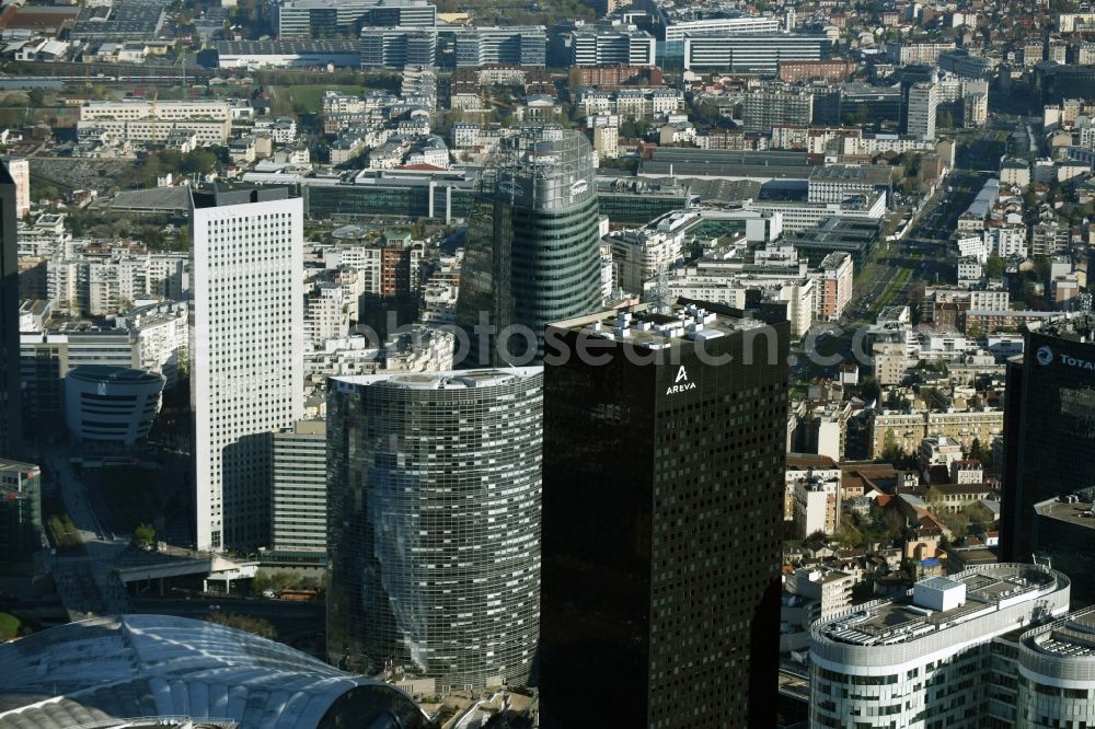 Aerial photograph Paris - Tour Areva amidst the highrise ensemble in the office and highrise quarter La Defense in Paris in Ile-de-France, France