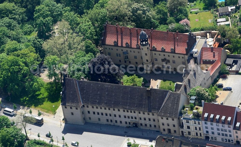 Lutherstadt Wittenberg from above - Tourist attraction and sightseeing Augusteum and Lutherhaus in Lutherstadt Wittenberg in the state Saxony-Anhalt, Germany