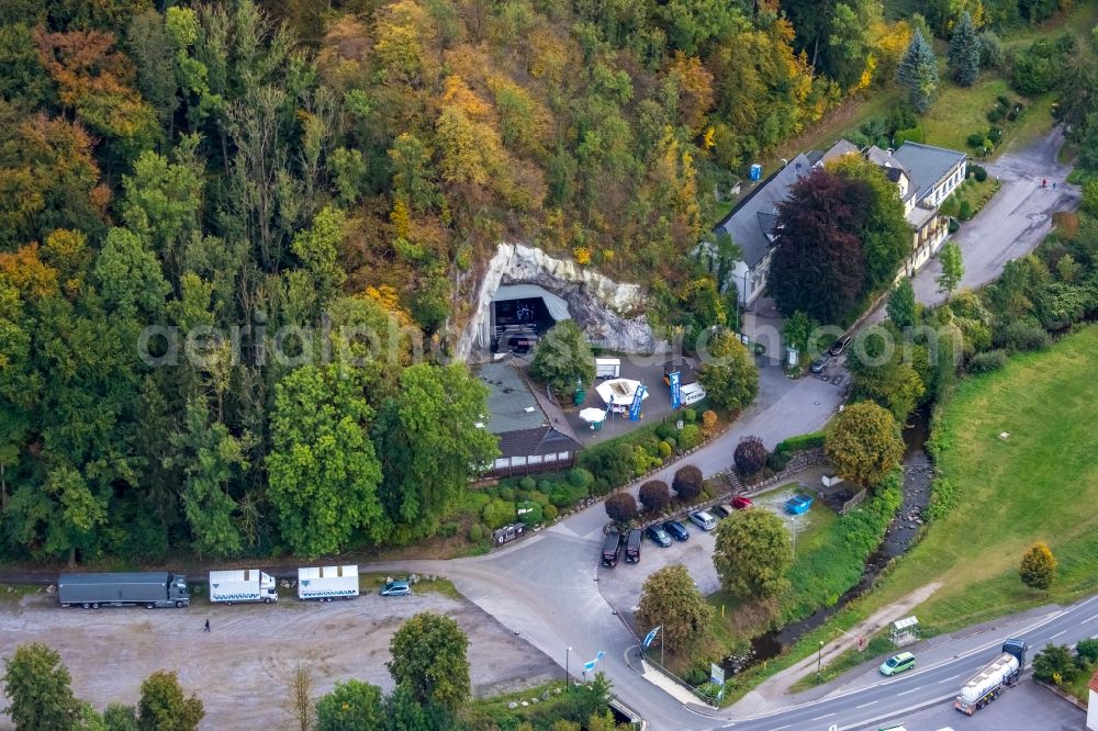 Aerial image Balve - Tourist attraction and sightseeing Balver Hoehle in the district Helle in Balve in the state North Rhine-Westphalia, Germany