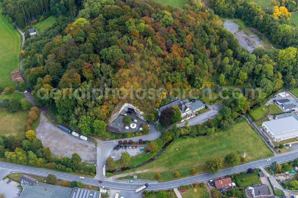 Balve from above - Tourist attraction and sightseeing Balver Hoehle in the district Helle in Balve in the state North Rhine-Westphalia, Germany