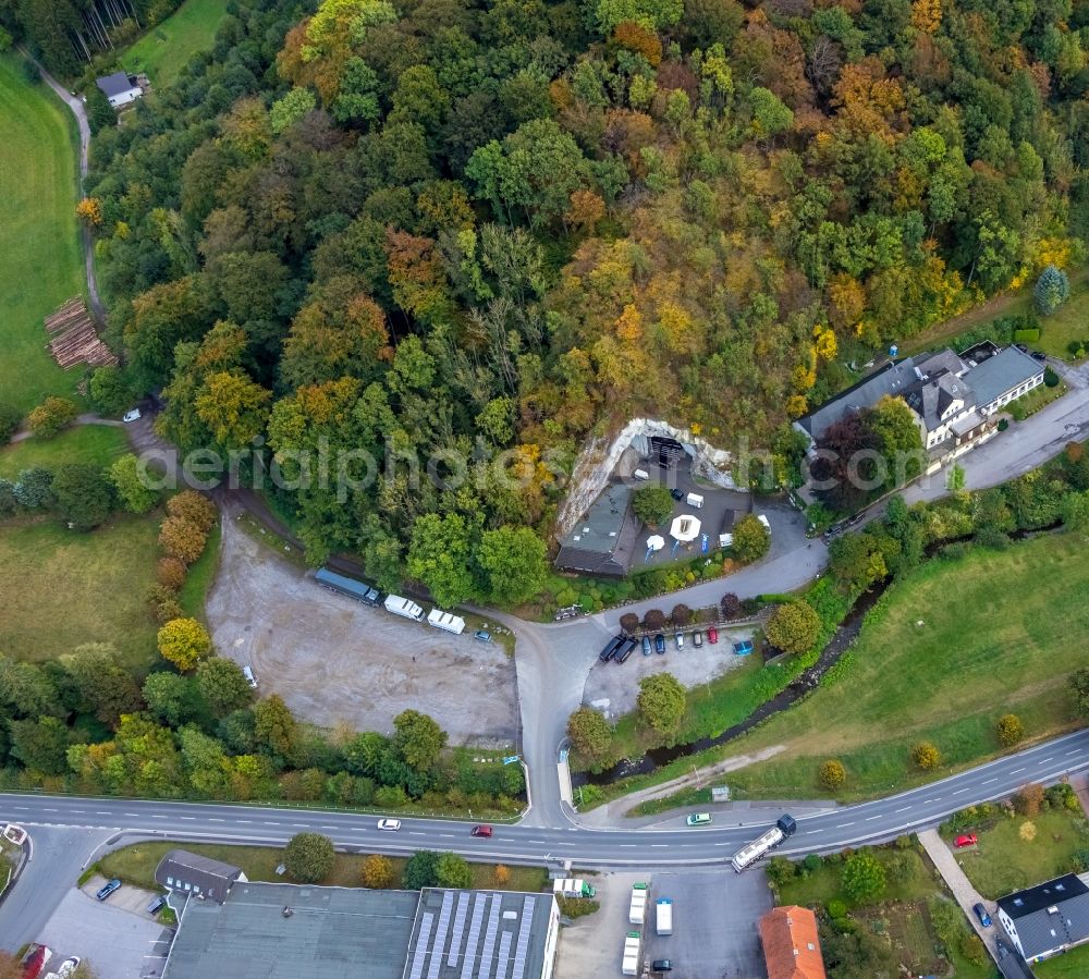 Balve from the bird's eye view: Tourist attraction and sightseeing Balver Hoehle in the district Helle in Balve in the state North Rhine-Westphalia, Germany