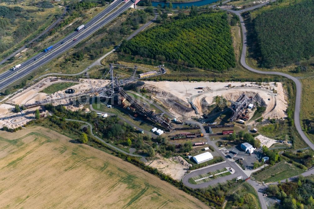 Markkleeberg from the bird's eye view: Tourist attraction and sightseeing of Bergbau-Technik-Park Am Westufer in Markkleeberg in the state Saxony, Germany