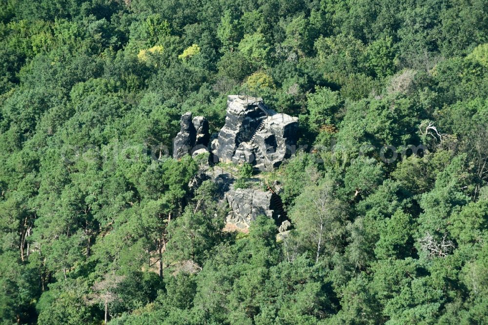 Aerial image Halberstadt - Tourist attraction and sightseeing of Felsen - Steinformation Glaeserner Moench in Halberstadt in the state Saxony-Anhalt, Germany