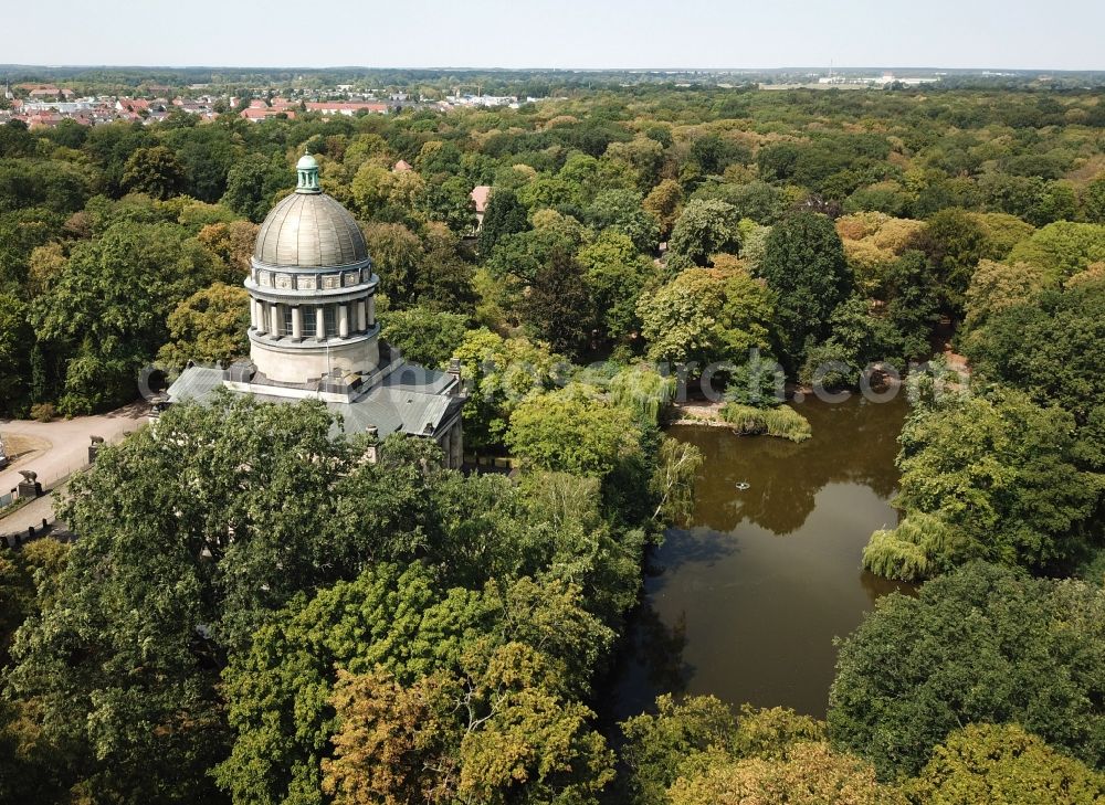 Dessau from above - Tourist attraction and sightseeing Mausoleum Dessau in Tierpark in the district Ziebigk in Dessau in the state Saxony-Anhalt, Germany