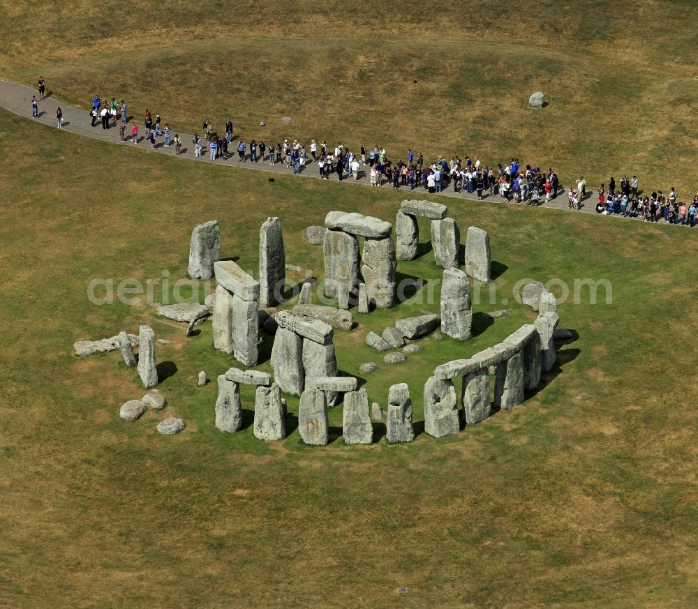 Aerial image Amesbury - Tourist attraction and sightseeing Stonehenge in Amesbury in England, United Kingdom