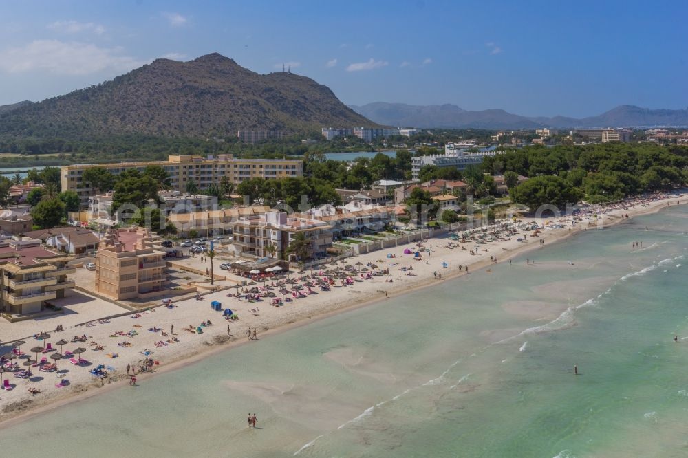 Aerial image Can Picafort - Beach of Can Picafort on the Mediterranean coast of the Spanish Balearic island of Mallorca in Spain