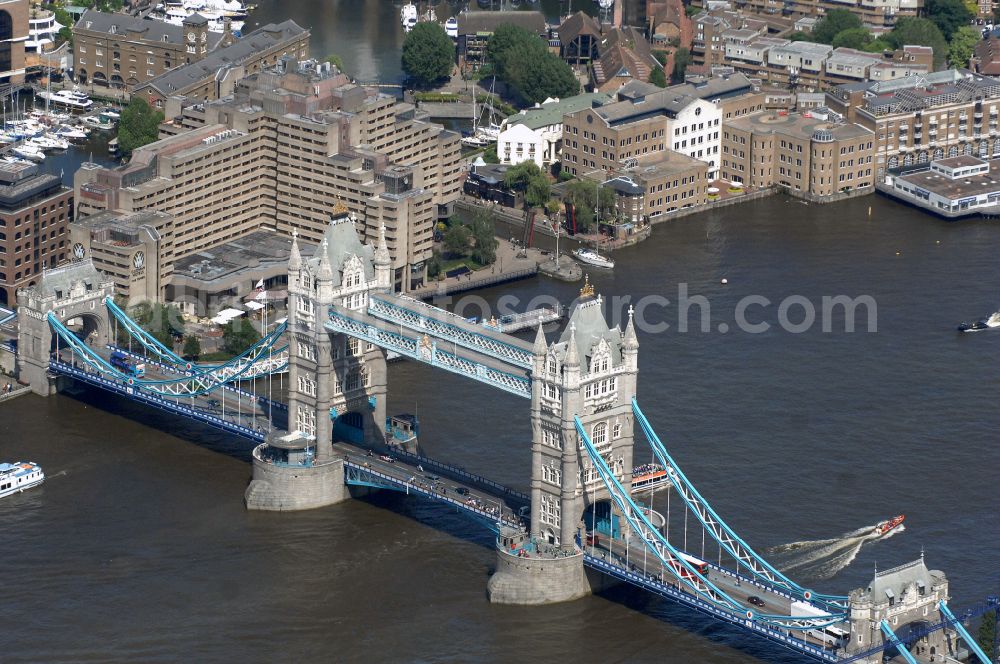 London from above - River - bridge structure and landmark of the Victorian bascule and suspension bridge Tower Bridge for crossing the river Thames on Tower Bridge Rd in London in England, United Kingdom