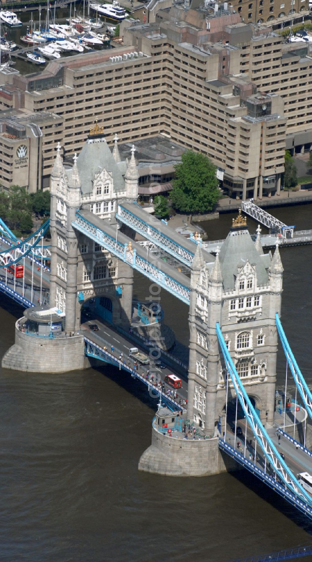 London from above - River - bridge structure and landmark of the Victorian bascule and suspension bridge Tower Bridge for crossing the river Thames on Tower Bridge Rd in London in England, United Kingdom