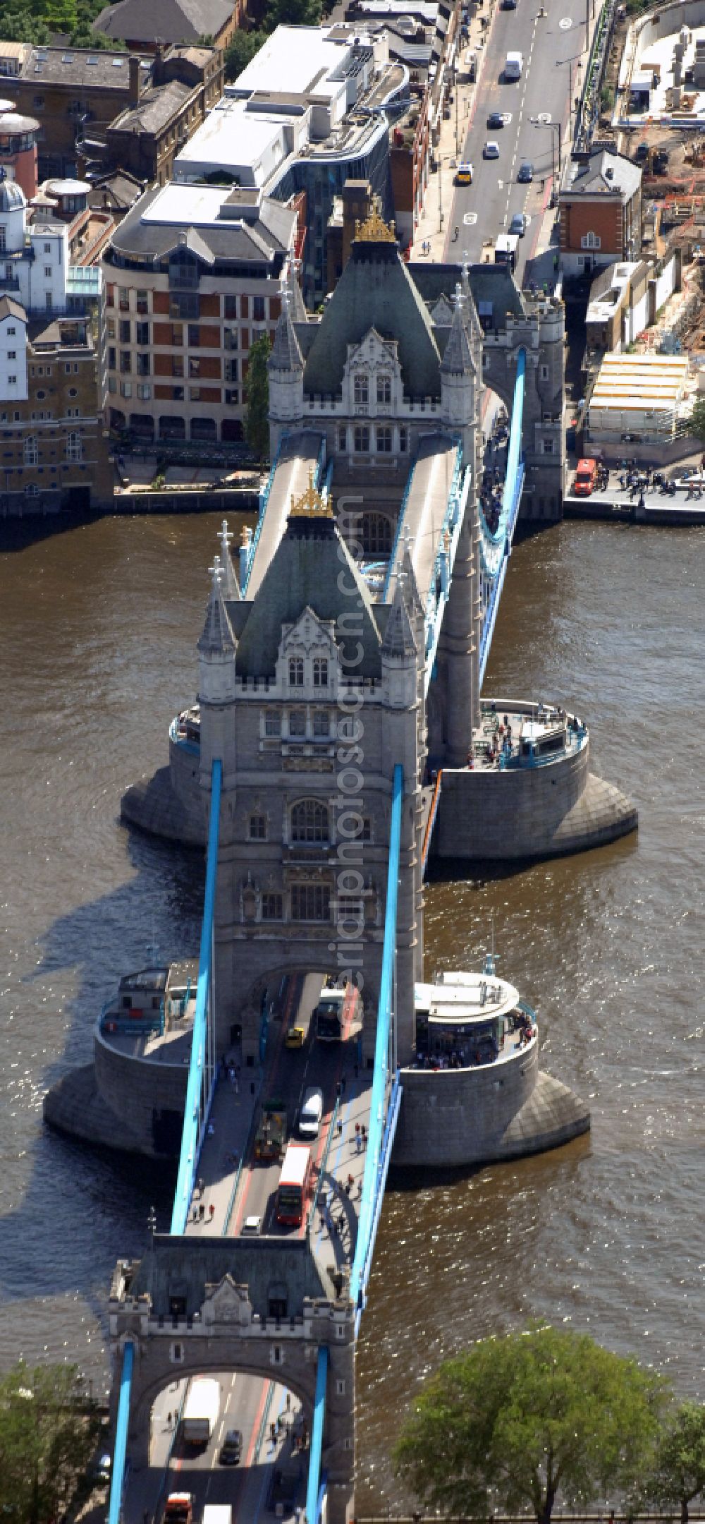 London from above - River - bridge structure and landmark of the Victorian bascule and suspension bridge Tower Bridge for crossing the river Thames on Tower Bridge Rd in London in England, United Kingdom