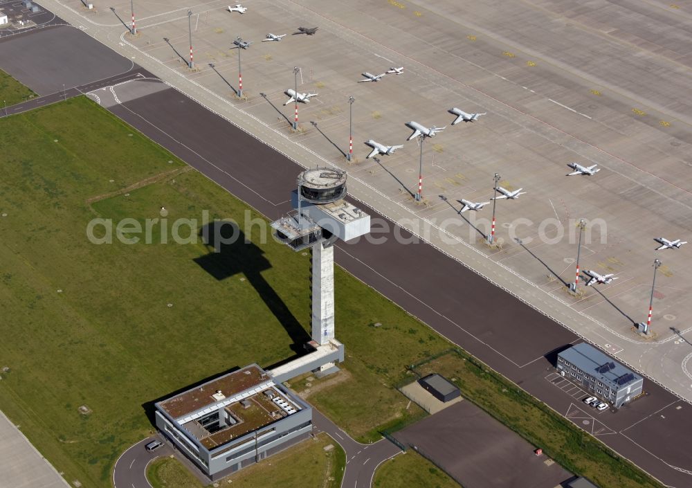 Schönefeld from the bird's eye view: Tower on the runways of the airport BER in Schoenefeld in the state Brandenburg, Germany