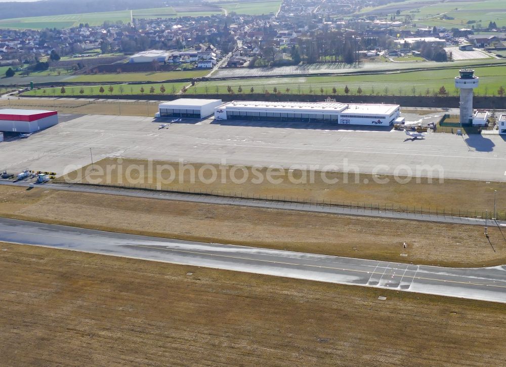 Calden from above - Tower on the runways of the airport in Calden in the state Hesse, Germany