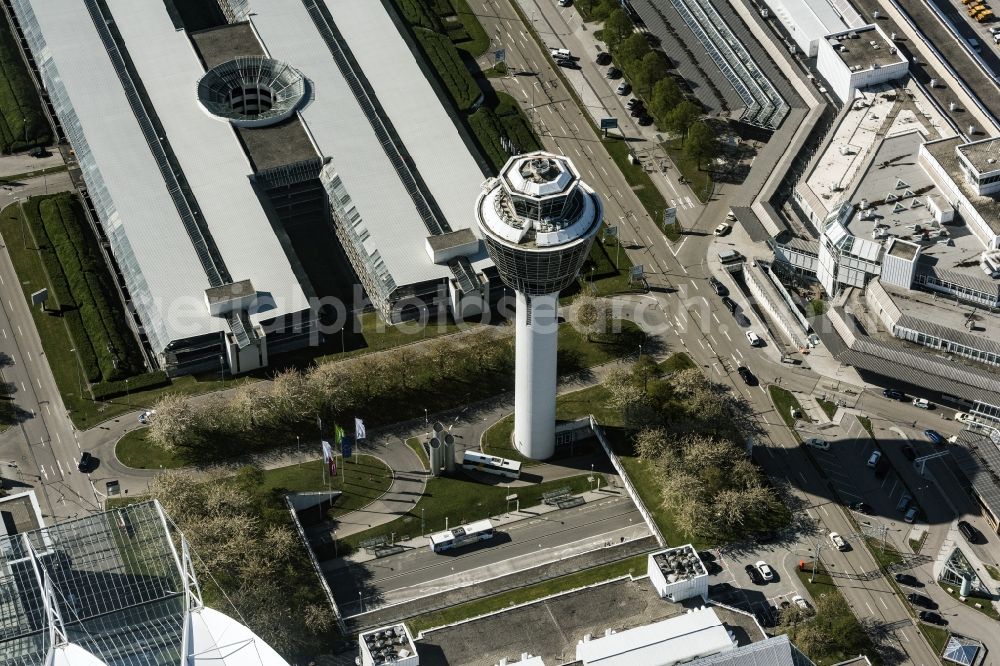 München-Flughafen from above - Tower on the runways of the airport in Muenchen-Flughafen in the state Bavaria, Germany