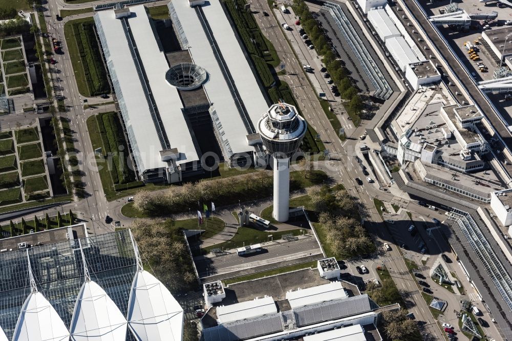 München-Flughafen from the bird's eye view: Tower on the runways of the airport in Muenchen-Flughafen in the state Bavaria, Germany