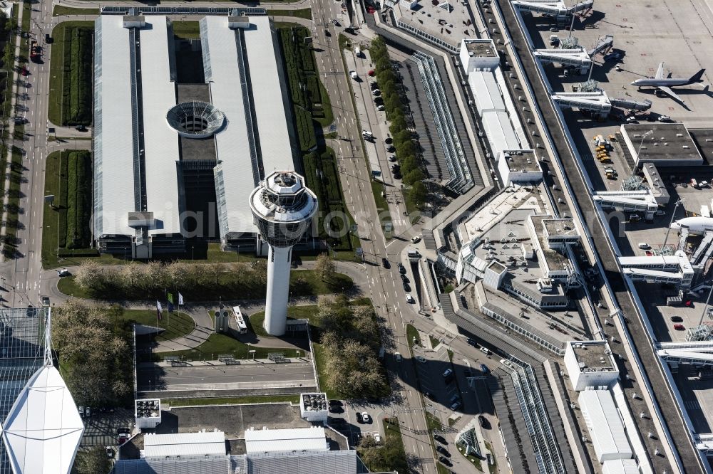 Aerial photograph München-Flughafen - Tower on the runways of the airport in Muenchen-Flughafen in the state Bavaria, Germany