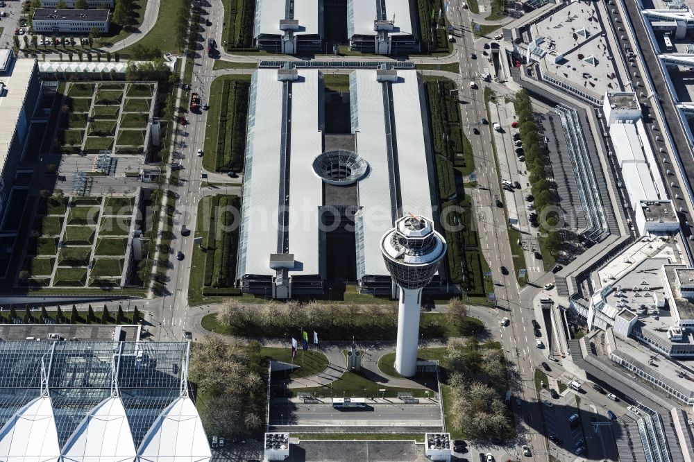 München-Flughafen from the bird's eye view: Tower on the runways of the airport in Muenchen-Flughafen in the state Bavaria, Germany