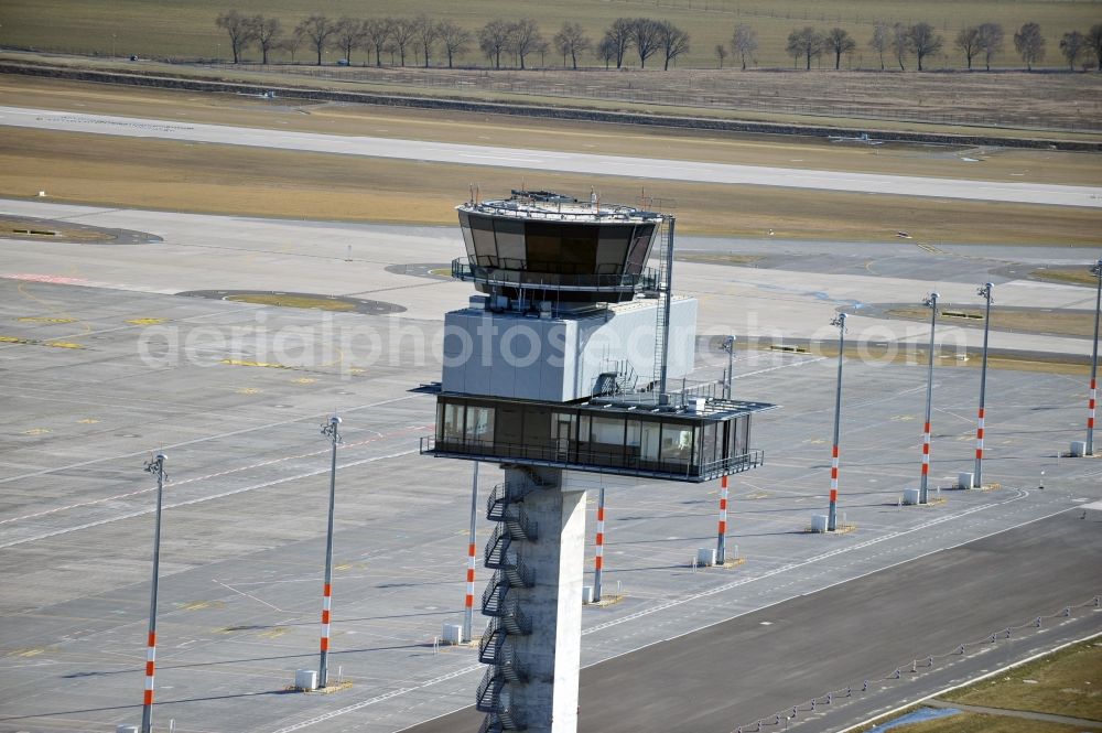 Schönefeld from the bird's eye view: Tower of DFS German Air Traffic Control GmbH on the runways of the BER Airport in Schoenefeld in Brandenburg