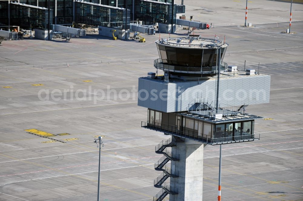 Schönefeld from the bird's eye view: Tower of DFS German Air Traffic Control GmbH on the runways of the BER Airport in Schoenefeld in Brandenburg