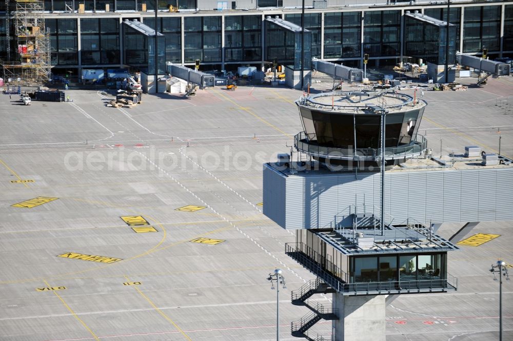 Aerial image Schönefeld - Tower of DFS German Air Traffic Control GmbH on the runways of the BER Airport in Schoenefeld in Brandenburg