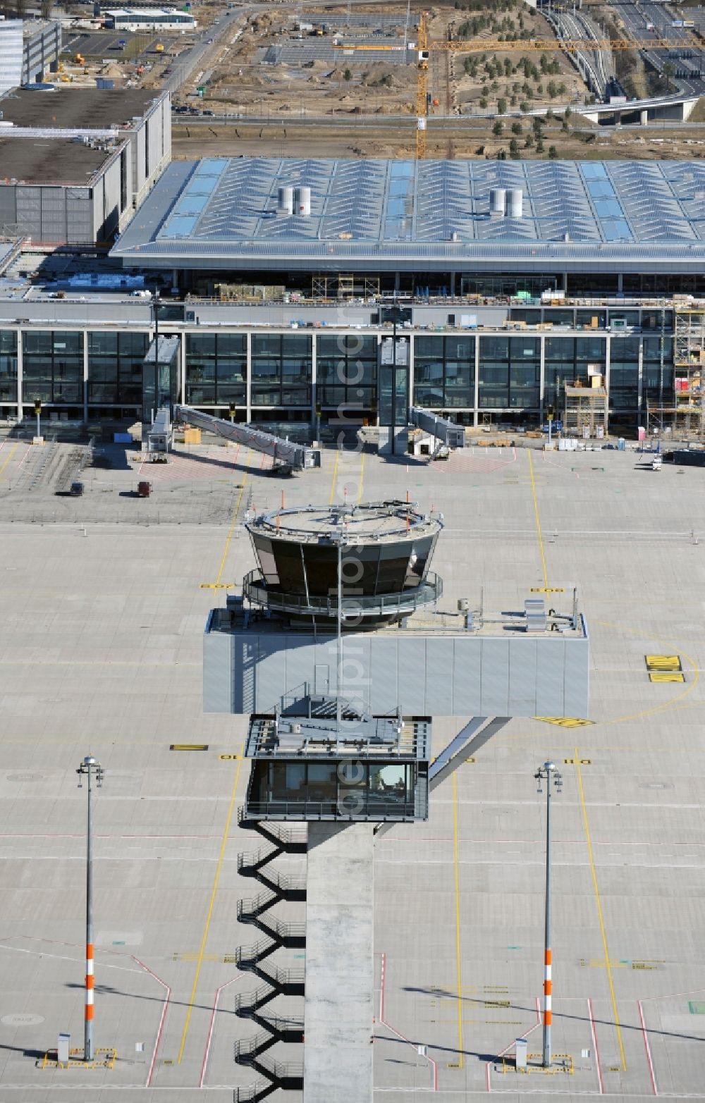 Schönefeld from above - Tower of DFS German Air Traffic Control GmbH on the runways of the BER Airport in Schoenefeld in Brandenburg