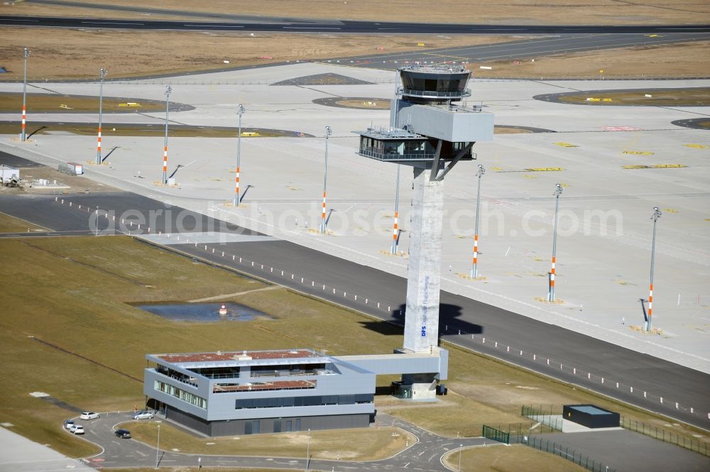 Schönefeld from the bird's eye view: Tower of DFS German Air Traffic Control GmbH on the runways of the BER Airport in Schoenefeld in Brandenburg