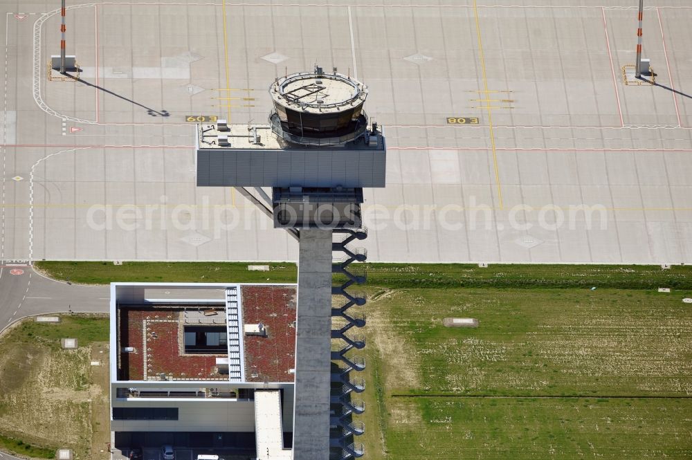 Schönefeld from the bird's eye view: Tower of DFS German Air Traffic Control GmbH on the runways of the BER Airport in Schoenefeld in Brandenburg