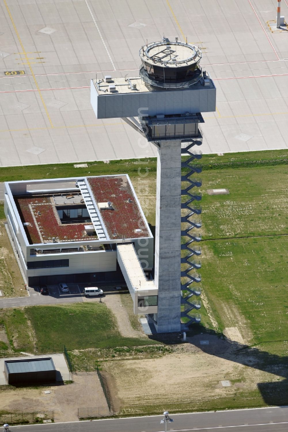 Schönefeld from above - Tower of DFS German Air Traffic Control GmbH on the runways of the BER Airport in Schoenefeld in Brandenburg