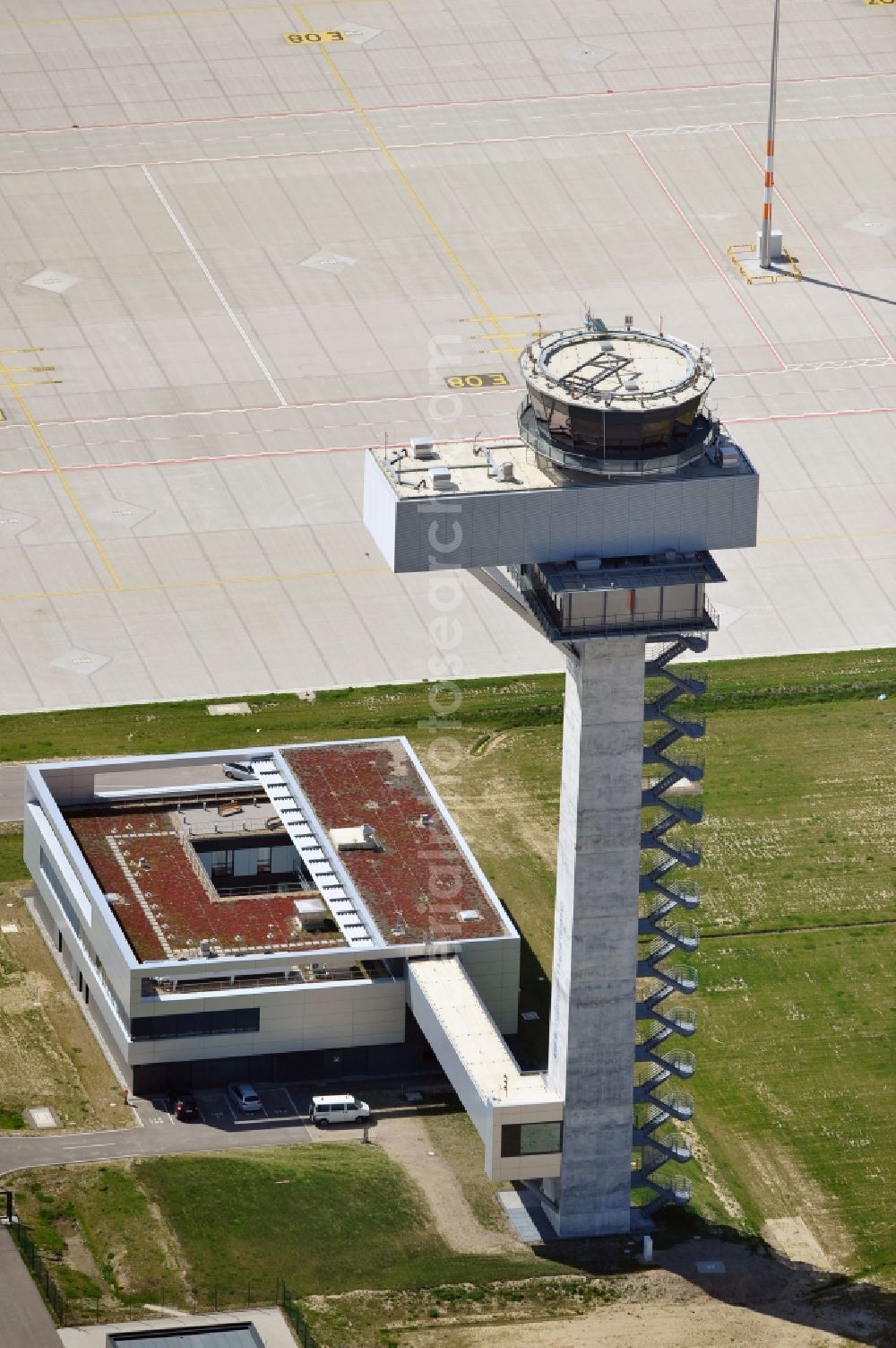 Schönefeld from the bird's eye view: Tower of DFS German Air Traffic Control GmbH on the runways of the BER Airport in Schoenefeld in Brandenburg