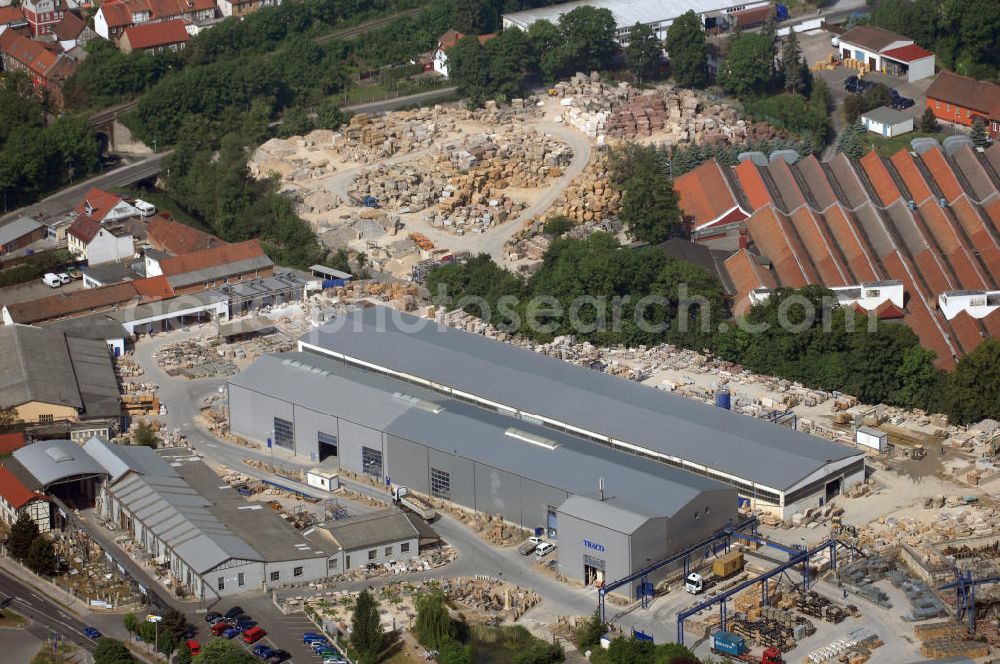 Bad Langensalza from the bird's eye view: Blick auf die TRACO Deutsche Travertin Werke GmbH in Bad Langensalza / Thüringen. Das Unternehmen wurde bereits 1907 von Karl Teich gegründet und verarbeitet seit dem Kalk - und Sandsteine für den Garten - und Landschaftsbau, für Restaurierung und Steinmetzarbeiten aber auch für Hochbau und Innenausbau.Kontakt: TRACO GmbH, Poststraße 17, 99947 Bad Langensalza, Tel. +49(0)3603 85212 1, Fax +49(0)3603 85212 0, Email: info@traco.de