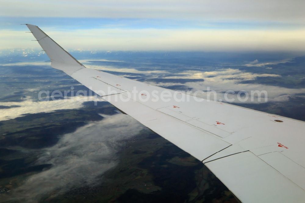 Waldshut-Tiengen from above - Canadair CRJ 900 Aircraft in flight in the airspace over the Black Forest north of Waldshut-Tiengen in the state Baden-Wuerttemberg