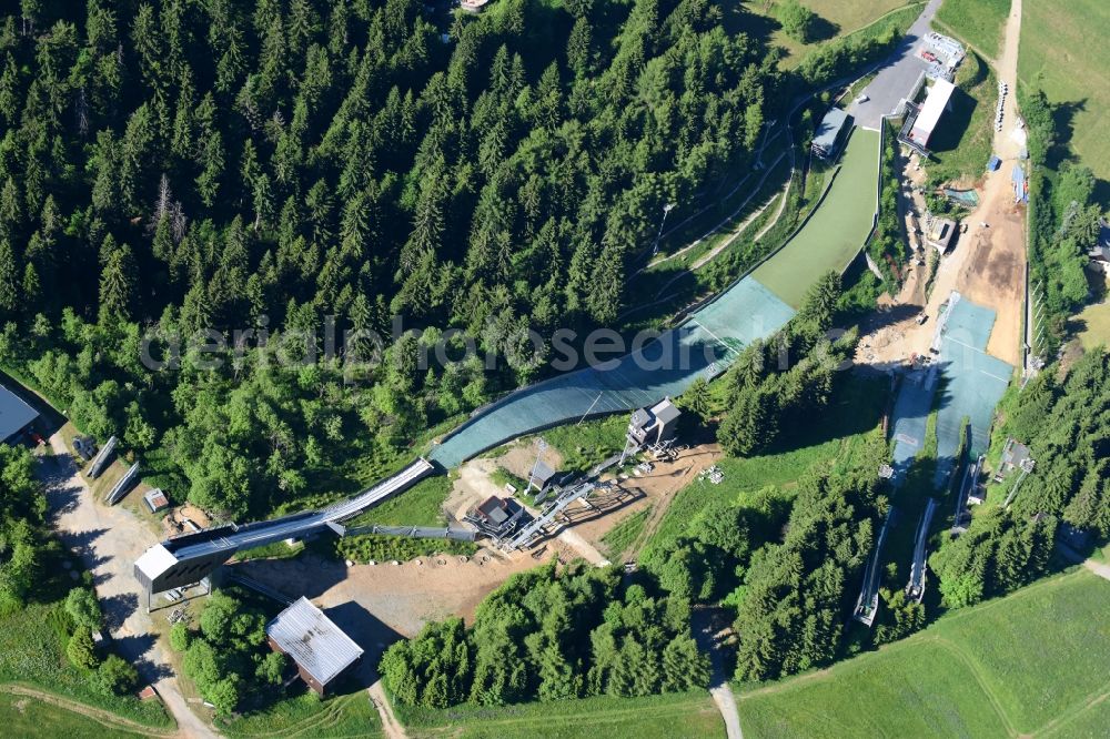 Oberwiesenthal from above - Training and competitive sports center of the ski jump Fichtelbergschanze in the district Huettenbach in Oberwiesenthal in the state Saxony, Germany