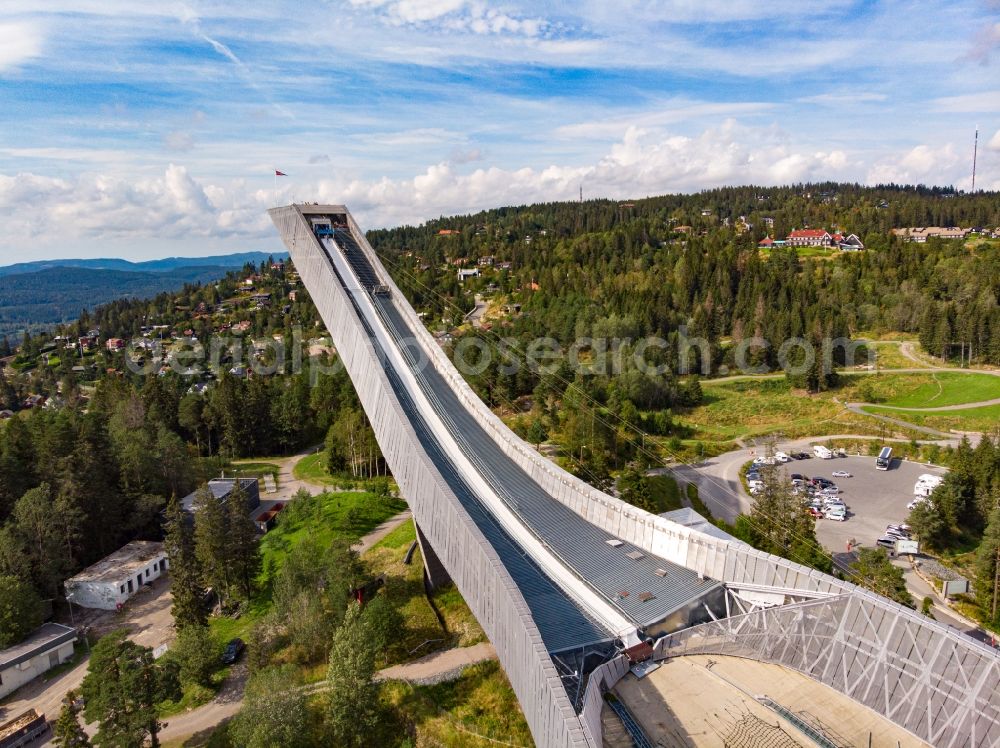 Oslo from above - Training and competitive sports center of the ski jump Holmenkollbakken in Oslo in Norway