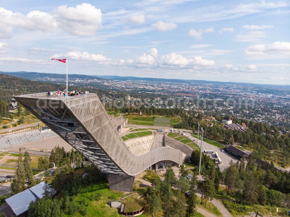 Oslo from the bird's eye view: Training and competitive sports center of the ski jump Holmenkollbakken in Oslo in Norway