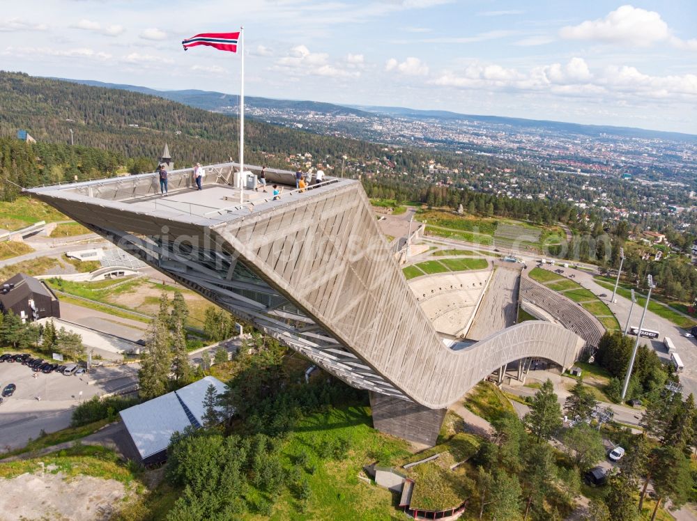 Oslo from above - Training and competitive sports center of the ski jump Holmenkollbakken in Oslo in Norway