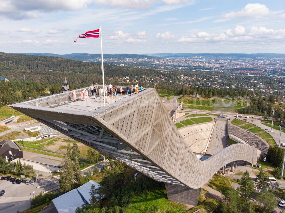 Oslo from the bird's eye view: Training and competitive sports center of the ski jump Holmenkollbakken in Oslo in Norway