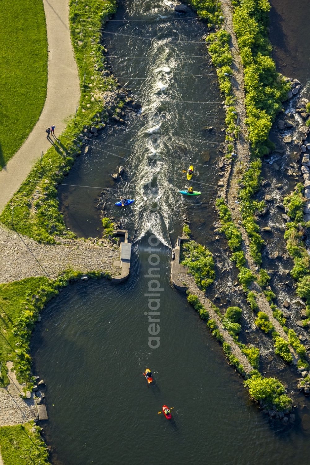 Aerial photograph Hohenlimburg OT Hagen - Training ground of canoeists on the whitewater course at the Lenne in Hohen Limburg, a district of Hagen in the Ruhr area in North Rhine-Westphalia