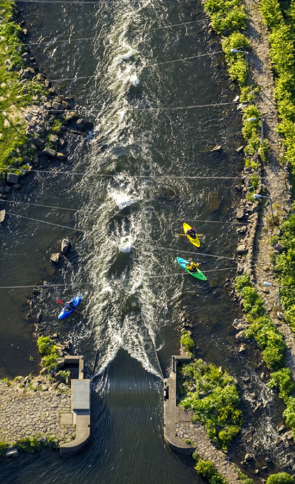 Hohenlimburg OT Hagen from above - Training ground of canoeists on the whitewater course at the Lenne in Hohen Limburg, a district of Hagen in the Ruhr area in North Rhine-Westphalia