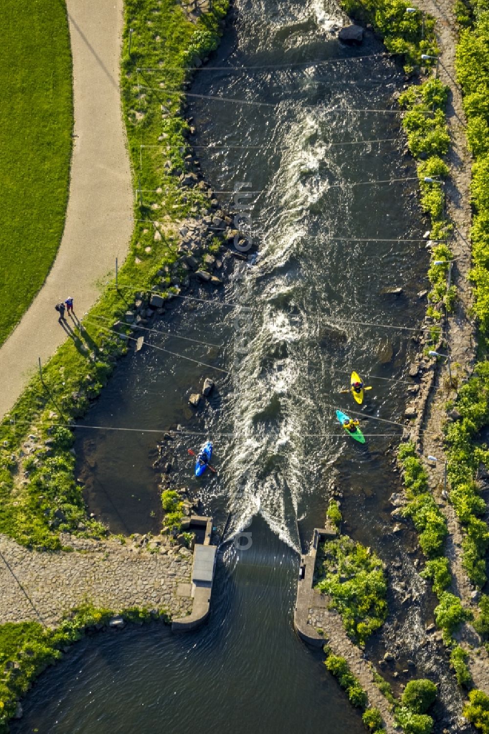 Hohenlimburg OT Hagen from the bird's eye view: Training ground of canoeists on the whitewater course at the Lenne in Hohen Limburg, a district of Hagen in the Ruhr area in North Rhine-Westphalia