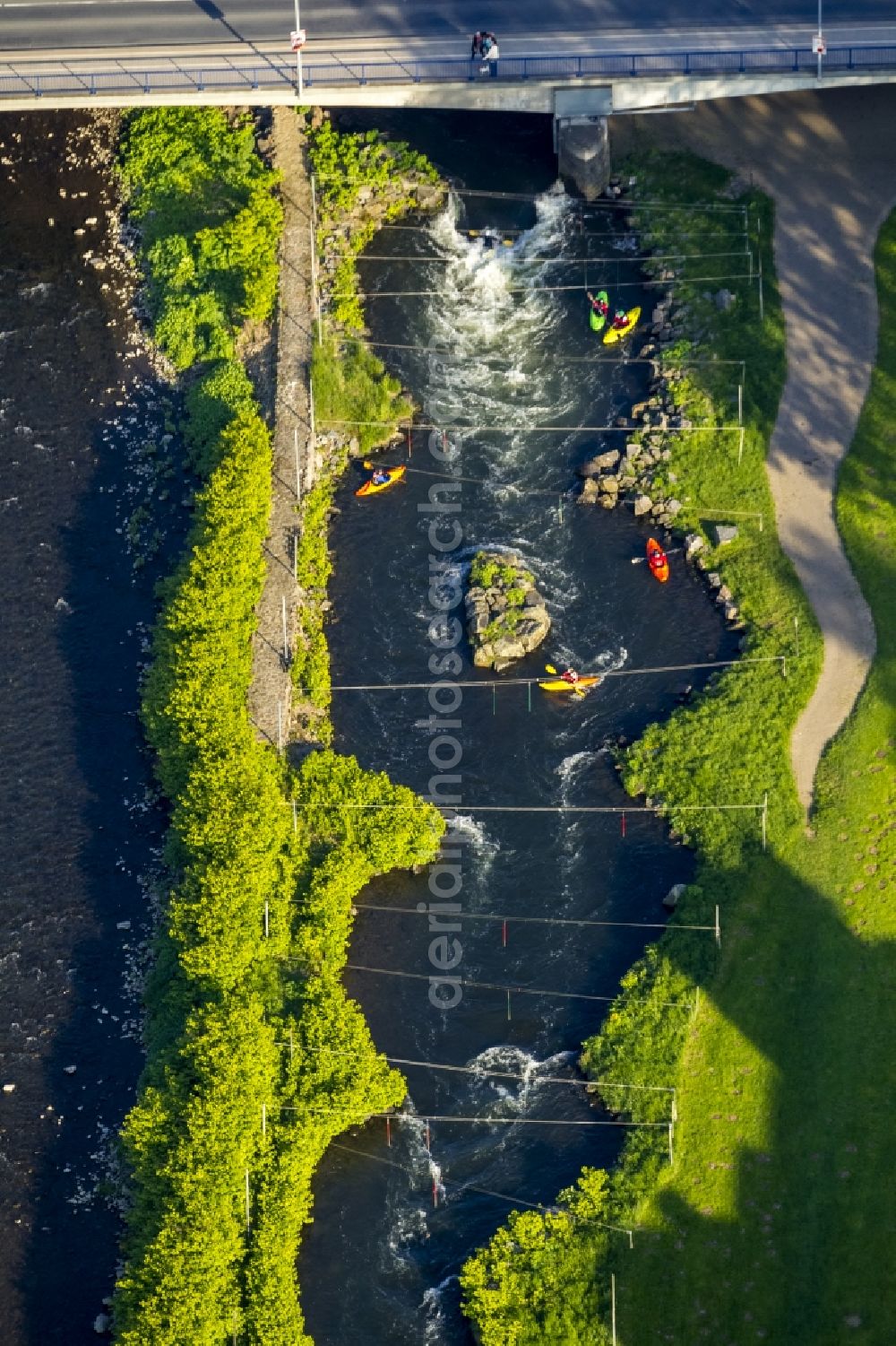 Aerial image Hohenlimburg OT Hagen - Training ground of canoeists on the whitewater course at the Lenne in Hohen Limburg, a district of Hagen in the Ruhr area in North Rhine-Westphalia