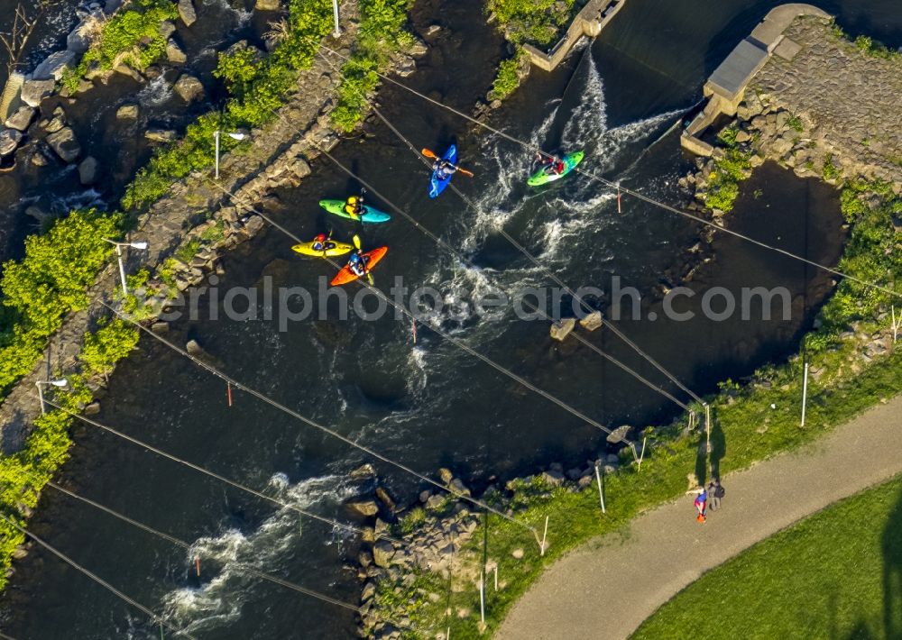 Aerial photograph Hohenlimburg OT Hagen - Training ground of canoeists on the whitewater course at the Lenne in Hohen Limburg, a district of Hagen in the Ruhr area in North Rhine-Westphalia