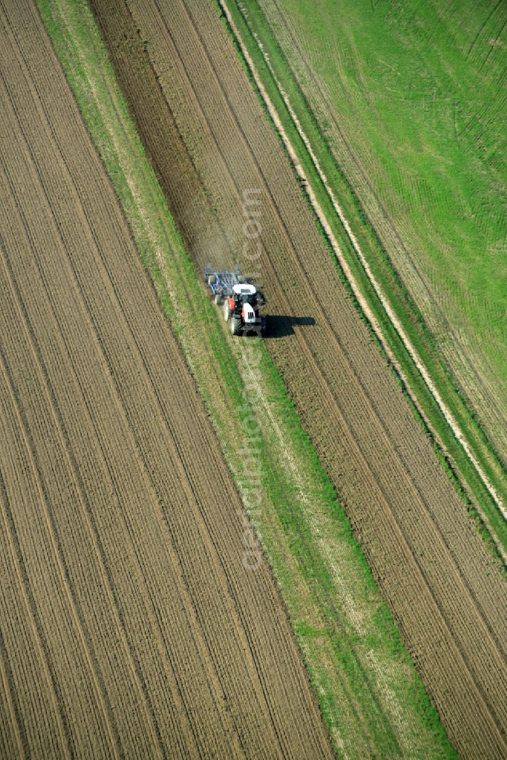 Aerial photograph Laußig - Harvest use of heavy agricultural machinery - combine harvesters and harvesting vehicles on agricultural fields in Laussig in the state Saxony