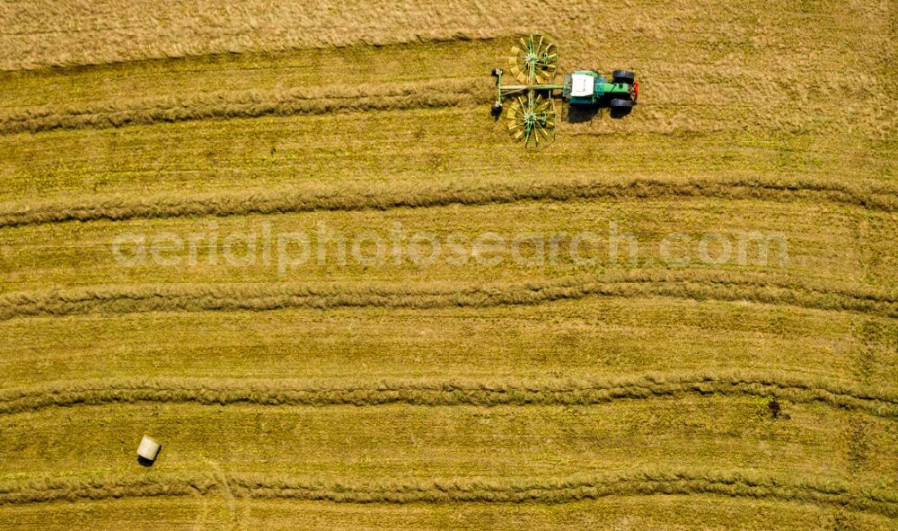 Sprockhövel from above - Tractor with straw collectors and cereal straw rows on a harvested field to the grain harvest in Sprockhoevel in North Rhine-Westphalia