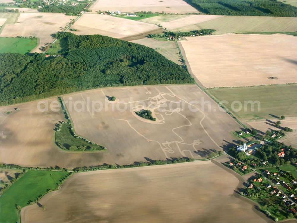 Aerial photograph Templin - Auf einem abgeernteten und umgepflügten Feld hat ein Traktor seine Spuren hinterlassen.