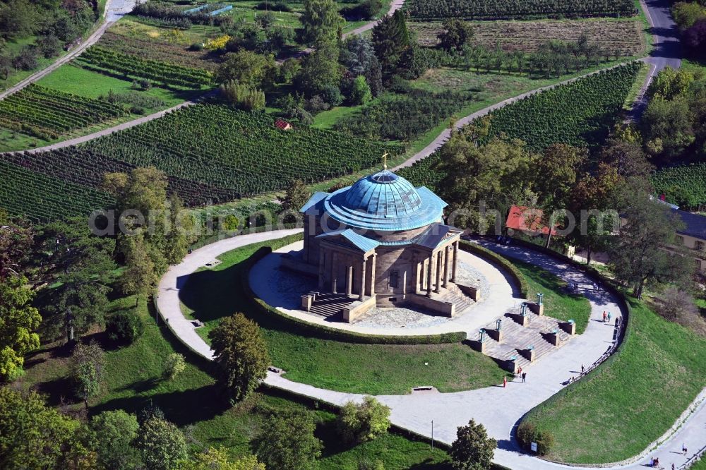 Rotenberg from above - Funeral hall and grave chapel for burial on the grounds of the cemetery on the Wuerttemberg in Rotenberg in the state Baden-Wurttemberg, Germany