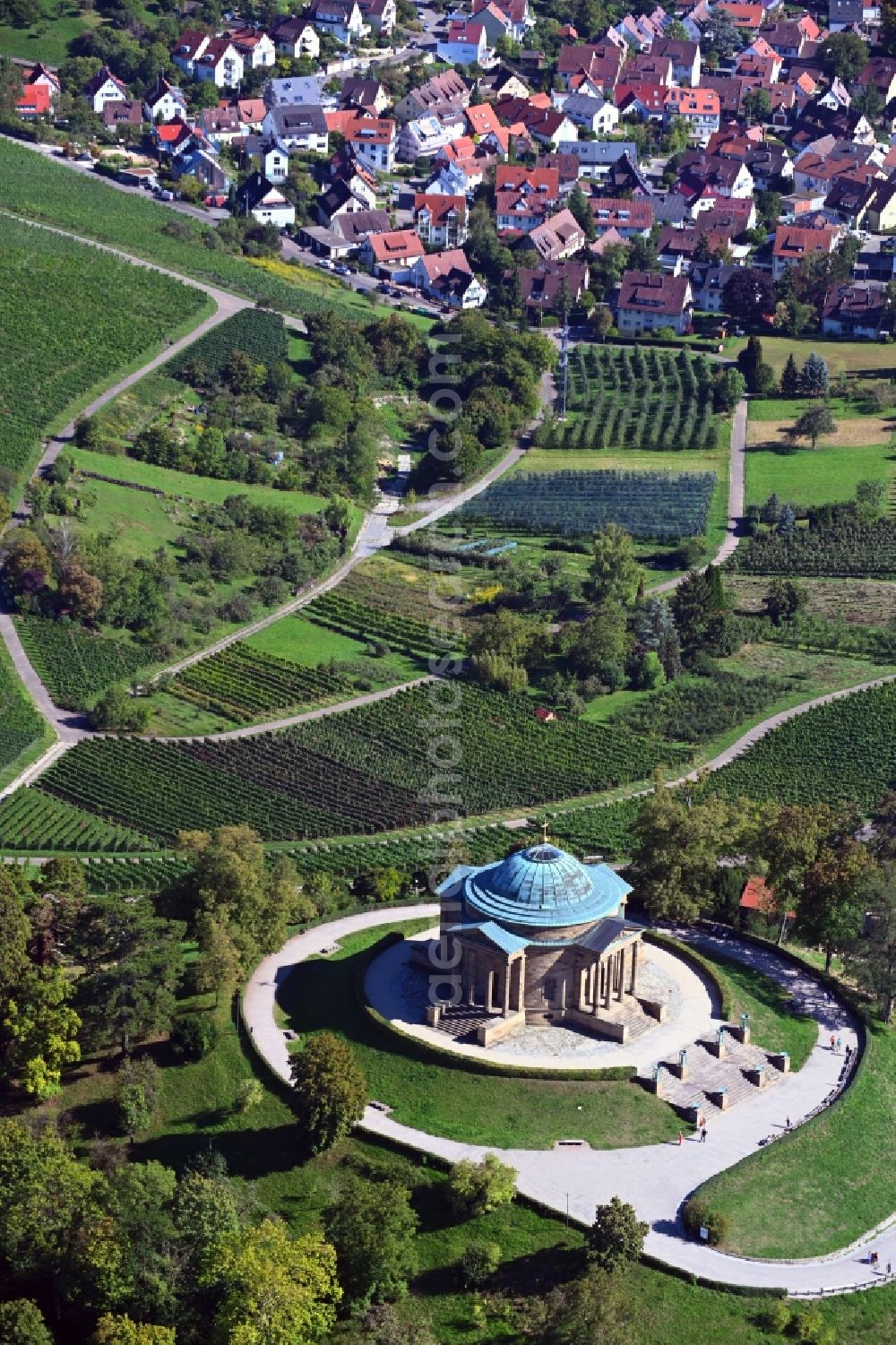 Rotenberg from the bird's eye view: Funeral hall and grave chapel for burial on the grounds of the cemetery on the Wuerttemberg in Rotenberg in the state Baden-Wurttemberg, Germany