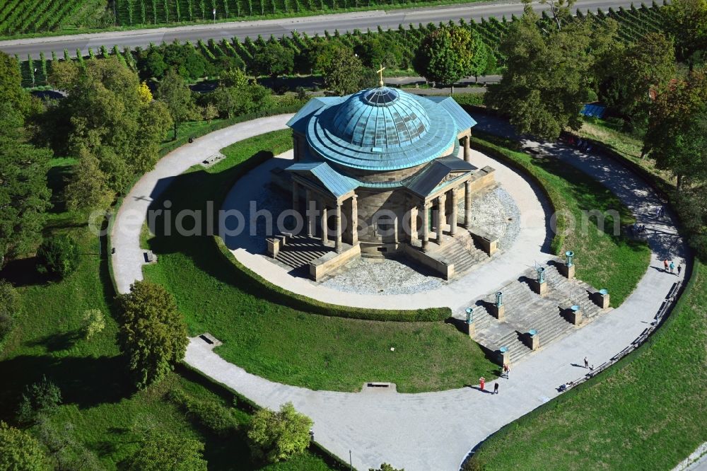 Rotenberg from above - Funeral hall and grave chapel for burial on the grounds of the cemetery on the Wuerttemberg in Rotenberg in the state Baden-Wurttemberg, Germany