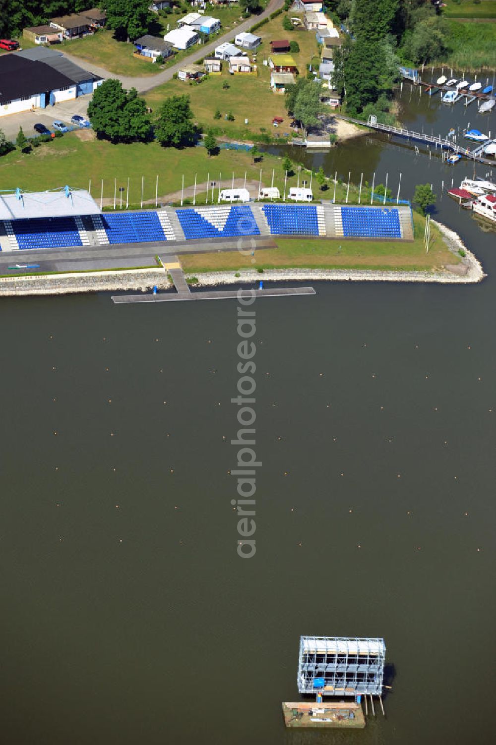 Aerial image Brandenburg - Tribüne der Regattastrecke Beetzsee bei Brandenburg an der Havel. Die Strecke ist für Ruderboote, Kanus und Drachenboot gedacht und wird ausgebaut, damit mehr Boote zeitgleich an Wettkämpfen teilnehmen können. The terrace of the regatta course Beetzsee, which is going to be enlarged. It is meant to be used by skiffs, canoes and dragonboats.