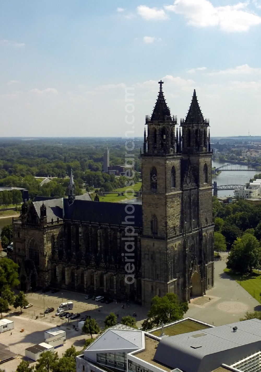 Magdeburg from above - View of the Cathedral of Magdeburg St. Mauritius and Catherine. The Magdeburg Cathedral is the oldest Gothic building on German soil, the former cathedral of the Archbishopric of Magdeburg and at the same time city landmark